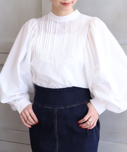 moment+*NewArrival*T/Cシャンブレースタンドカラーボリュームスリーブピンタックブラウス