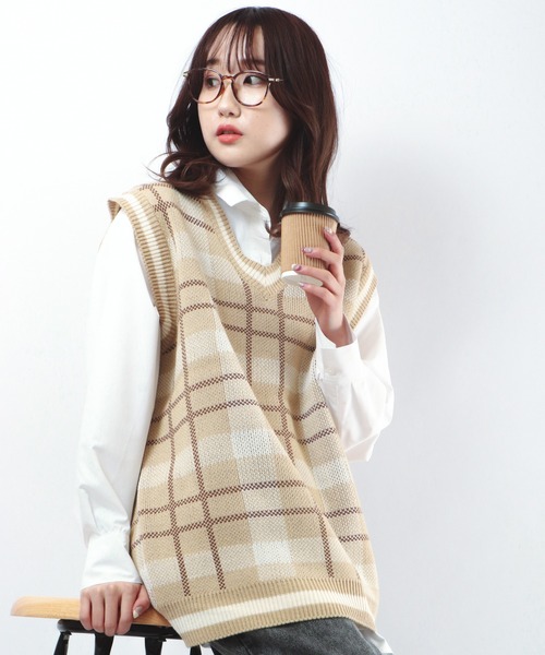 CIAO（チャオ）の「ciao ルーズチェックベスト（ベスト・メンズ・ホワイト/ブラック/ベージュ/ブラウン/グレー/サックスブルー/グリーン/ベージュ系その他・FREE）」の6枚目の写真