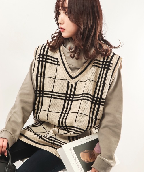 CIAO（チャオ）の「ciao ルーズチェックベスト（ベスト・メンズ・ホワイト/ブラック/ベージュ/ブラウン/グレー/サックスブルー/グリーン/ベージュ系その他・FREE）」の7枚目の写真