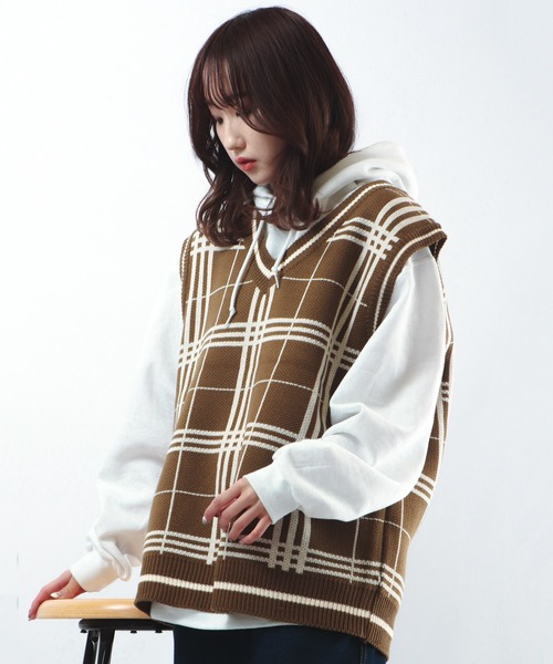 CIAO（チャオ）の「ciao ルーズチェックベスト（ベスト・メンズ・ホワイト/ブラック/ベージュ/ブラウン/グレー/サックスブルー/グリーン/ベージュ系その他・FREE）」の5枚目の写真