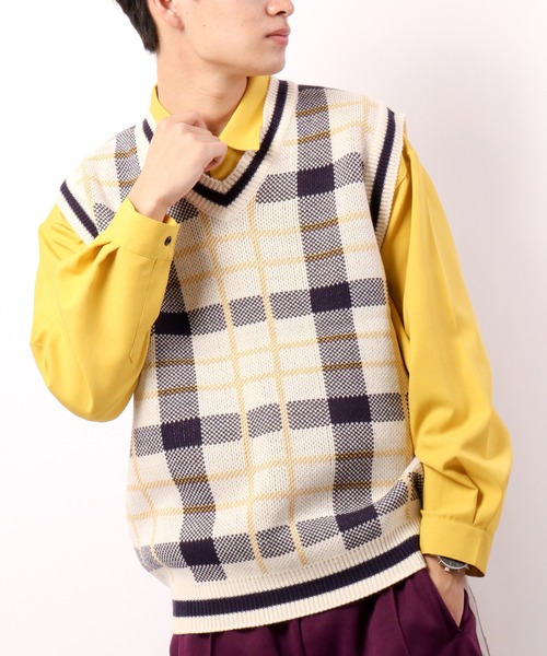 CIAO（チャオ）の「ciao ルーズチェックベスト（ベスト・メンズ・ホワイト/ブラック/ベージュ/ブラウン/グレー/サックスブルー/グリーン/ベージュ系その他・FREE）」の2枚目の写真