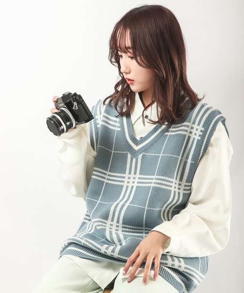 CIAO（チャオ）の「ciao ルーズチェックベスト（ベスト・メンズ・ホワイト/ブラック/ベージュ/ブラウン/グレー/サックスブルー/グリーン/ベージュ系その他・FREE）」の8枚目の写真