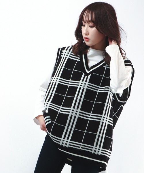 CIAO（チャオ）の「ciao ルーズチェックベスト（ベスト・メンズ・ホワイト/ブラック/ベージュ/ブラウン/グレー/サックスブルー/グリーン/ベージュ系その他・FREE）」の3枚目の写真