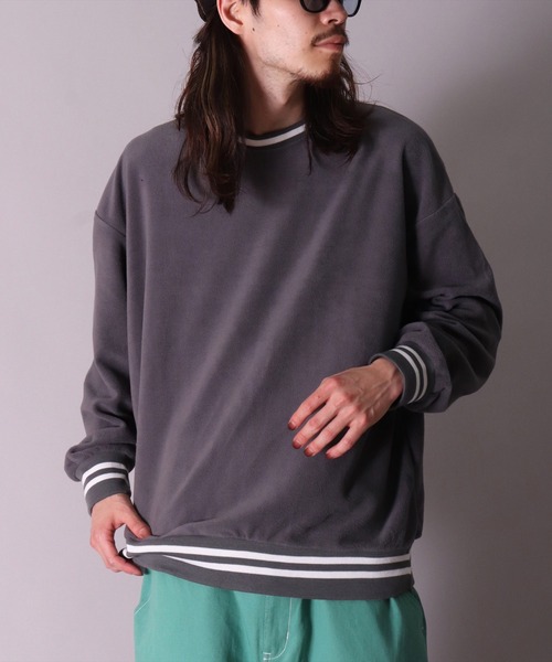 BAYBLO（ベイブロ）の「(DV)【ユニセックス】ライン入り マイクロフリース スウェット プルオーバー（スウェット・メンズ・ブラック/チャコールグレー/ダークグリーン/ベージュ/ネイビー/グレイッシュベージュ・LARGE/MEDIUM/X-LARGE）」の8枚目の写真