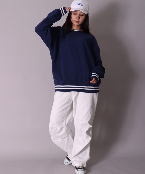 BAYBLO（ベイブロ）の「(DV)【ユニセックス】ライン入り マイクロフリース スウェット プルオーバー（スウェット・メンズ・ブラック/チャコールグレー/ダークグリーン/ベージュ/ネイビー/グレイッシュベージュ・LARGE/MEDIUM/X-LARGE）」の15枚目の写真