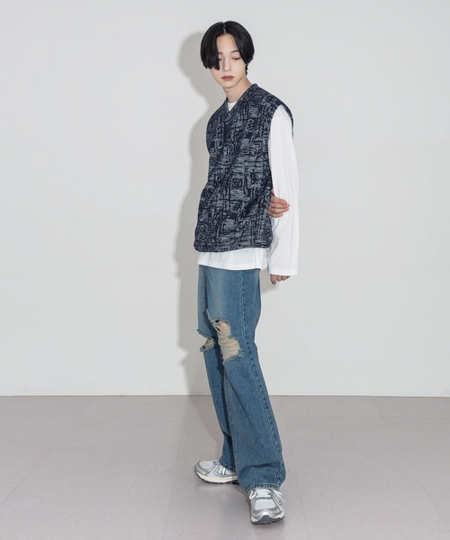 FOLLOWIN（フォロウィン）の「【UNISEX】パターンオーバーフィットVネックベスト（ベスト・メンズ・ブラック/ネイビー/グレー・FREE）」の6枚目の写真