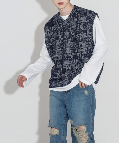FOLLOWIN（フォロウィン）の「【UNISEX】パターンオーバーフィットVネックベスト（ベスト・メンズ・ブラック/ネイビー/グレー・FREE）」の11枚目の写真