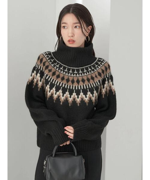 earth music&ecology(アースミュージックアンドエコロジー)の「ノルディックショートニットプルオーバー knit(ニット/セーター・レディース・ブラック/オフホワイト/杢グレー・FREE)」の6枚目の写真