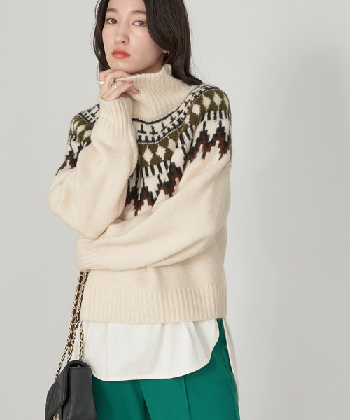 earth music&ecology(アースミュージックアンドエコロジー)の「ノルディックショートニットプルオーバー knit(ニット/セーター・レディース・ブラック/オフホワイト/杢グレー・FREE)」の2枚目の写真