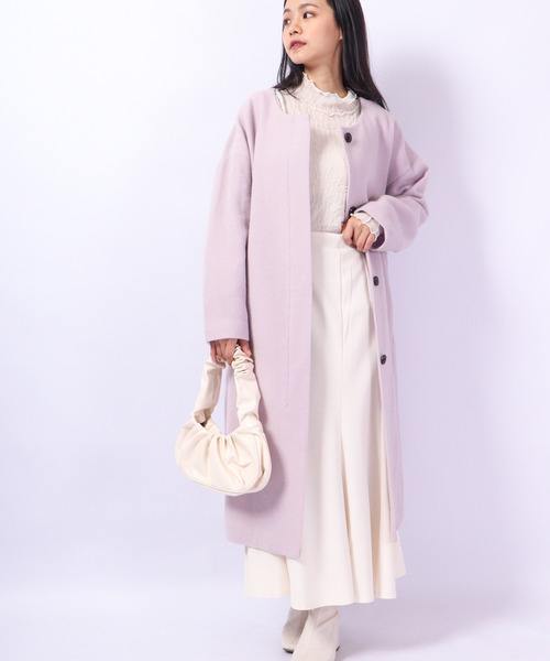 A.N.L（エーエヌエル　レーベル）の「A.N.L ウール混　丸首コート　オーバーサイズ　ドロップショルダー（ノーカラージャケット・レディース・ライトベージュ/ラベンダー・38）」の19枚目の写真