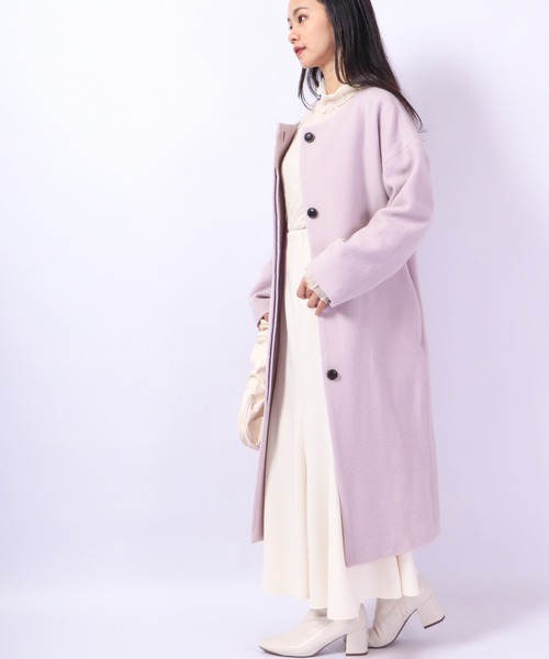 A.N.L（エーエヌエル　レーベル）の「A.N.L ウール混　丸首コート　オーバーサイズ　ドロップショルダー（ノーカラージャケット・レディース・ライトベージュ/ラベンダー・38）」の20枚目の写真