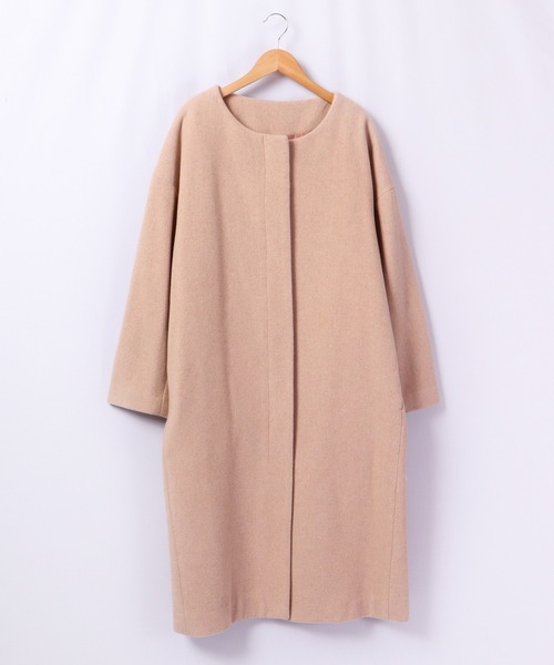A.N.L（エーエヌエル　レーベル）の「A.N.L ウール混　丸首コート　オーバーサイズ　ドロップショルダー（ノーカラージャケット・レディース・ライトベージュ/ラベンダー・38）」の5枚目の写真
