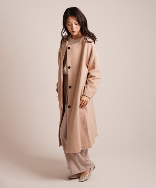 A.N.L（エーエヌエル　レーベル）の「A.N.L ウール混　丸首コート　オーバーサイズ　ドロップショルダー（ノーカラージャケット・レディース・ライトベージュ/ラベンダー・38）」の7枚目の写真