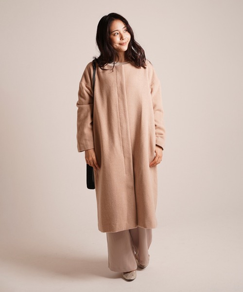 A.N.L（エーエヌエル　レーベル）の「A.N.L ウール混　丸首コート　オーバーサイズ　ドロップショルダー（ノーカラージャケット・レディース・ライトベージュ/ラベンダー・38）」の9枚目の写真