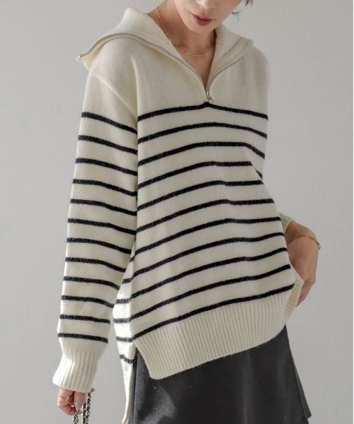 AMELY(エミリー)の「ハーフジップニットトップス(ニット/セーター・レディース・ベージュ系その他/グリーン系その他/ブルー系その他/グレー系その他/ブラック/ブラック系その他・フリー)」の1枚目の写真