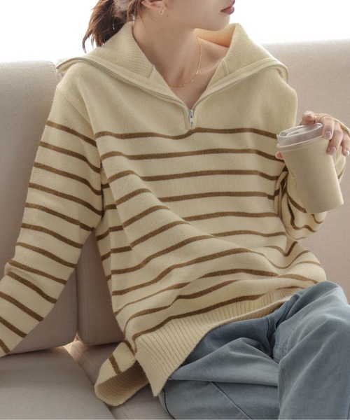 AMELY(エミリー)の「ハーフジップニットトップス(ニット/セーター・レディース・ベージュ系その他/グリーン系その他/ブルー系その他/グレー系その他/ブラック/ブラック系その他・フリー)」の4枚目の写真