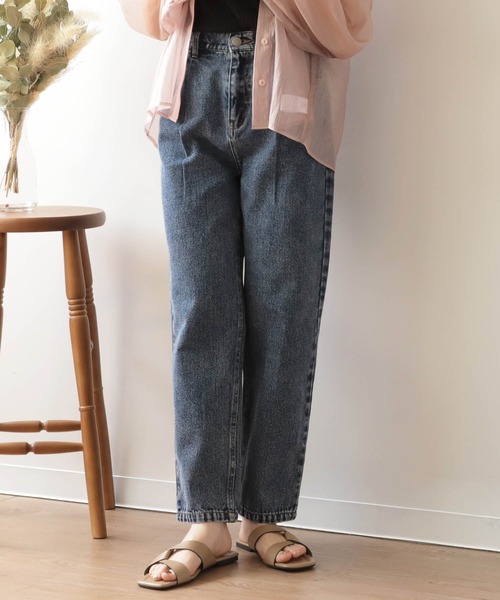 mil(ミル)の「【150㎝前後の小柄さんサイズ】タックデニムパンツ(デニムパンツ・レディース・ネイビー/ケミカルウォッシュ・XS/S/M)」の1枚目の写真