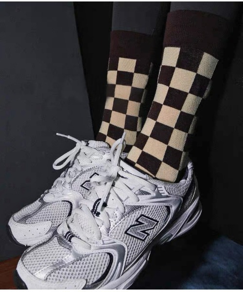 .KOM（ドットコム）の「『.KOM/ドットケーオーエム』チェッカーフラッグソックス【Y】【CN】（ソックス/靴下・メンズ・グリーン/キャメル/ブラック/レッド/パープル・FREE）」の4枚目の写真