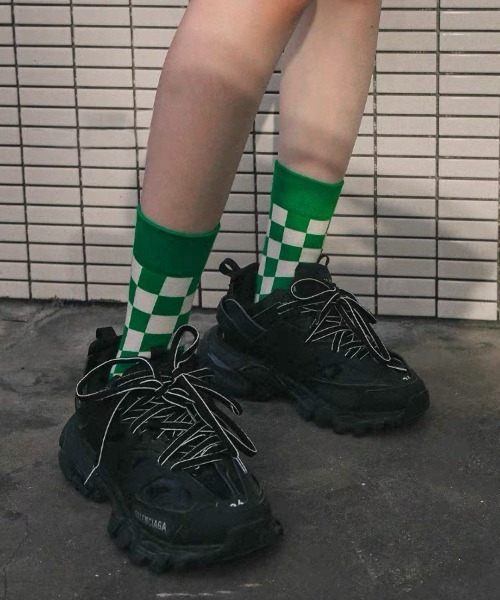 .KOM（ドットコム）の「『.KOM/ドットケーオーエム』チェッカーフラッグソックス【Y】【CN】（ソックス/靴下・メンズ・グリーン/キャメル/ブラック/レッド/パープル・FREE）」の8枚目の写真
