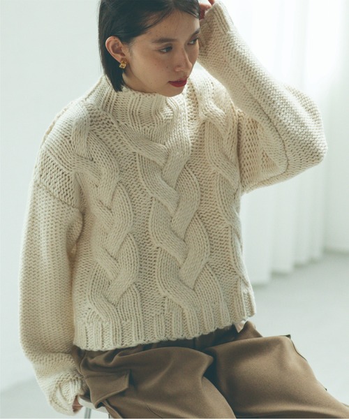 【超人気デザイン】カラー☆ビッグケーブル ドッキング ニット ウール NATURAL BEAUTY BASIC ニット セーター シャツカラードッキング