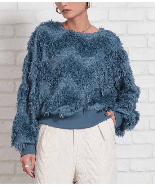 Settimissimo（セッティミッシモ）の「ボリュームスリーブ クルーネック フェザー ニット 長袖（ニット/セーター・レディース・ブルー/ベージュ・FREE）」の2枚目の写真