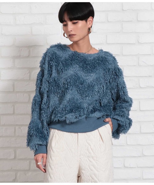 Settimissimo（セッティミッシモ）の「ボリュームスリーブ クルーネック フェザー ニット 長袖（ニット/セーター・レディース・ブルー/ベージュ・FREE）」の5枚目の写真