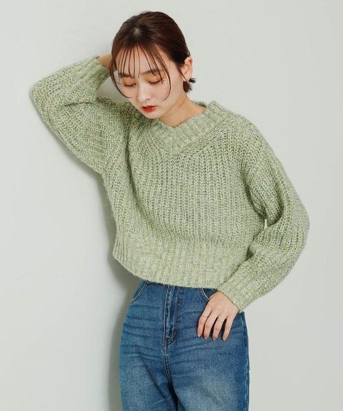 SENSE OF PLACE by URBAN RESEARCH（センスオブプレイスバイアーバンリサーチ）の「メランジVネッククロップドセーター（ニット/セーター・レディース・ブラウン/アイボリー/ミント・ONE）」の7枚目の写真