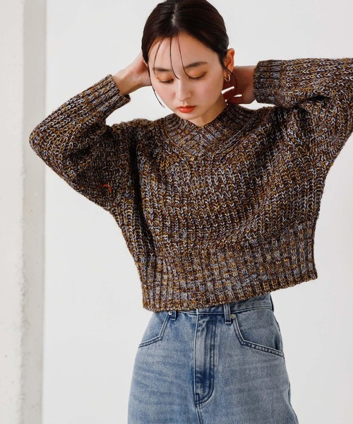 SENSE OF PLACE by URBAN RESEARCH（センスオブプレイスバイアーバンリサーチ）の「メランジVネッククロップドセーター（ニット/セーター・レディース・ブラウン/アイボリー/ミント・ONE）」の10枚目の写真