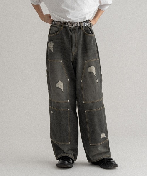 WISH FOR EVER（ウィッシュフォーエバー）の「DOUBLE KNEE DOUBLE DAMAGE DENIM / ダブルニーダブルダメージデニム（デニムパンツ・メンズ・インディゴブルー/ブラック・LARGE/SMALL/MEDIUM）」の3枚目の写真