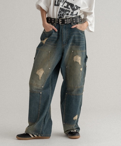WISH FOR EVER（ウィッシュフォーエバー）の「DOUBLE KNEE DOUBLE DAMAGE DENIM / ダブルニーダブルダメージデニム（デニムパンツ・メンズ・インディゴブルー/ブラック・LARGE/SMALL/MEDIUM）」の11枚目の写真