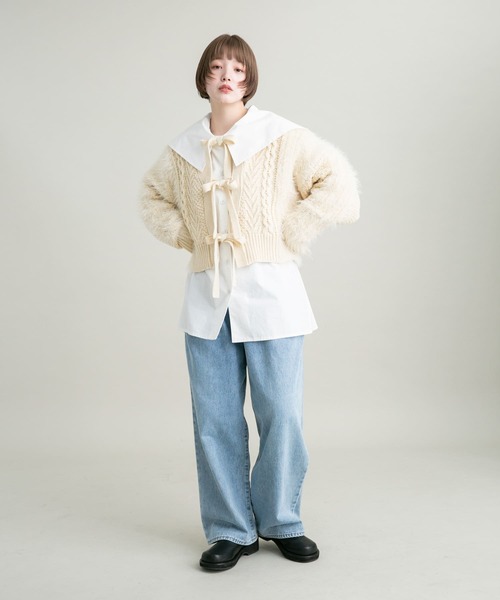 KBF(ケイビーエフ)の「リボンニットカーディガン(ニット/セーター・レディース・アイボリー/チャコールグレー・ONE)」の7枚目の写真