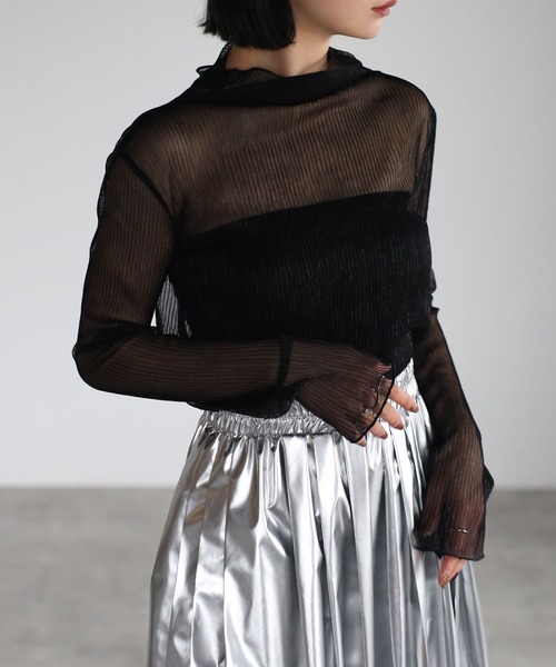 r.（アールドット）の「ラメプリーツ　シアータートルトップス（Tシャツ/カットソー・レディース・ブラック系その他2/シルバー/ライトベージュ/ブラック系その他/ブルー/ピンク・FREE）」の2枚目の写真