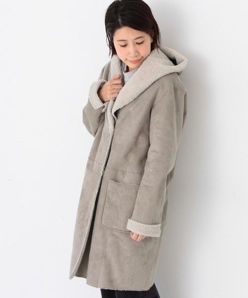 Another Edition（アナザーエディション）の「フェイクムートンフードコート/AEBC FAKE MOUTON HOOD（ムートンコート・レディース・グレー/ベージュ/オリーブ/ネイビー・MEDIUM/SMALL）」の2枚目の写真