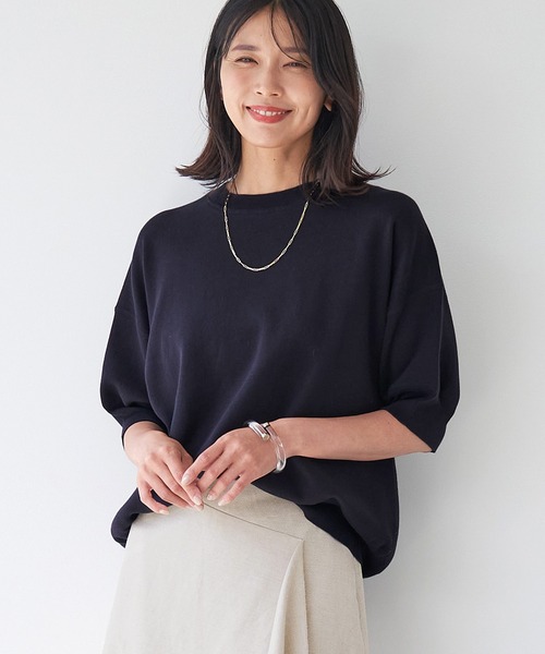 MICA&DEAL（マイカ＆ディール）の「スムースニットハーフスリーブニットプルオーバー（ニット/セーター・レディース・ライトベージュ/ライトブルー/ピンク/ダークネイビー・FREE）」の4枚目の写真