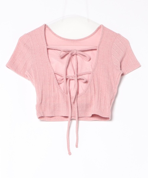 jouetie（ジュエティ）の「ハーフスリーブバックオープンリボントップス（Tシャツ/カットソー・レディース・ブラック/オフホワイト/ピンク/その他1・MEDIUM）」の3枚目の写真