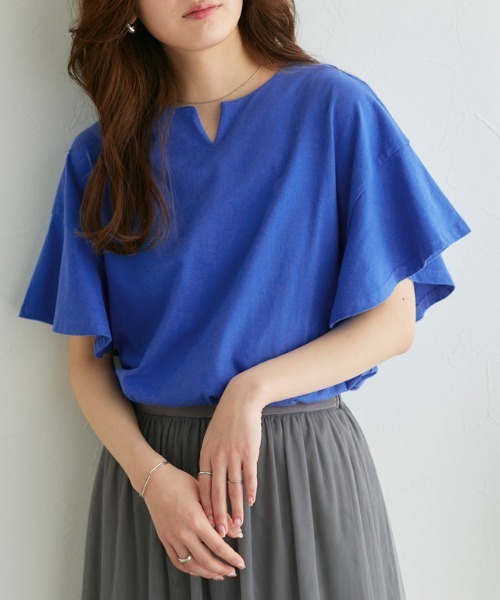 Pierrot（ピエロ）の「ロング丈フレアスリーブキーネックカットソー（Tシャツ/カットソー・レディース・ネイビー/サンドベージュ/ミント/オフホワイト/ブルー/ブラック/グレー系その他/ライトピンク・M/L）」の7枚目の写真