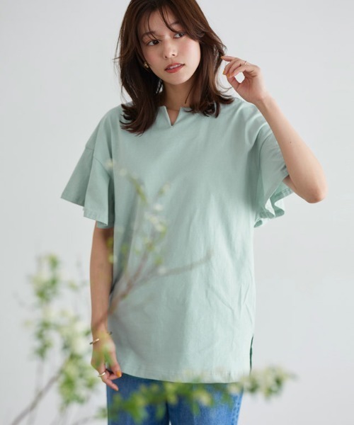 Pierrot（ピエロ）の「ロング丈フレアスリーブキーネックカットソー（Tシャツ/カットソー・レディース・ネイビー/サンドベージュ/ミント/オフホワイト/ブルー/ブラック/グレー系その他/ライトピンク・M/L）」の5枚目の写真
