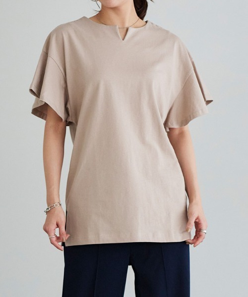 Pierrot（ピエロ）の「ロング丈フレアスリーブキーネックカットソー（Tシャツ/カットソー・レディース・ネイビー/サンドベージュ/ミント/オフホワイト/ブルー/ブラック/グレー系その他/ライトピンク・M/L）」の20枚目の写真
