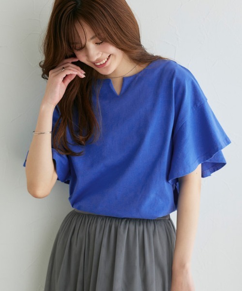 Pierrot（ピエロ）の「ロング丈フレアスリーブキーネックカットソー（Tシャツ/カットソー・レディース・ネイビー/サンドベージュ/ミント/オフホワイト/ブルー/ブラック/グレー系その他/ライトピンク・M/L）」の15枚目の写真