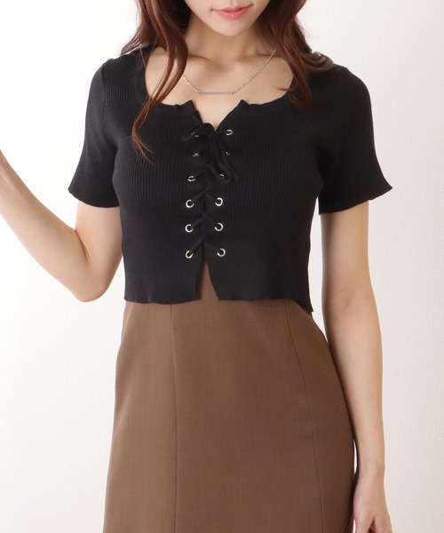 Lace Ladies（レースレディース）の「フロント レースアップ コンパクト 半袖 トップス（Tシャツ/カットソー・レディース・ホワイト/ブラック/グレー・FREE）」の4枚目の写真
