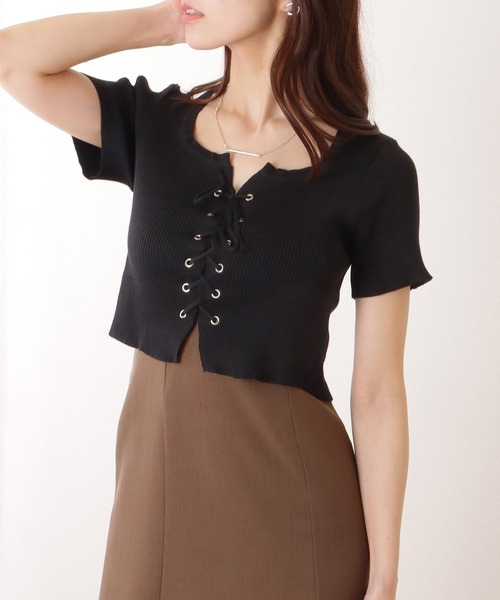 Lace Ladies（レースレディース）の「フロント レースアップ コンパクト 半袖 トップス（Tシャツ/カットソー・レディース・ホワイト/ブラック/グレー・FREE）」の6枚目の写真
