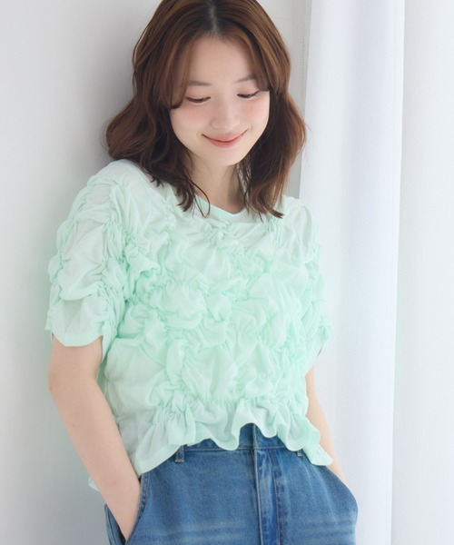 RETRO GIRL(レトロガール)の「シャーリングカットソー(Tシャツ/カットソー・レディース・ナチュラル/グリーン/ブラック・FREE)」の3枚目の写真