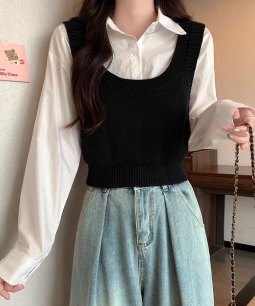 Sibra(シブラ)の「レイヤード仕立てニットベストブラウス(Tシャツ/カットソー・レディース・ベージュ/ブラック/グレー・M)」の1枚目の写真