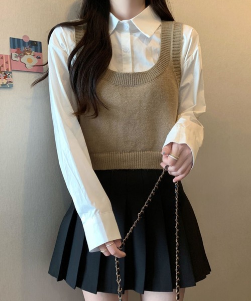 Sibra(シブラ)の「レイヤード仕立てニットベストブラウス(Tシャツ/カットソー・レディース・ベージュ/ブラック/グレー・M)」の18枚目の写真