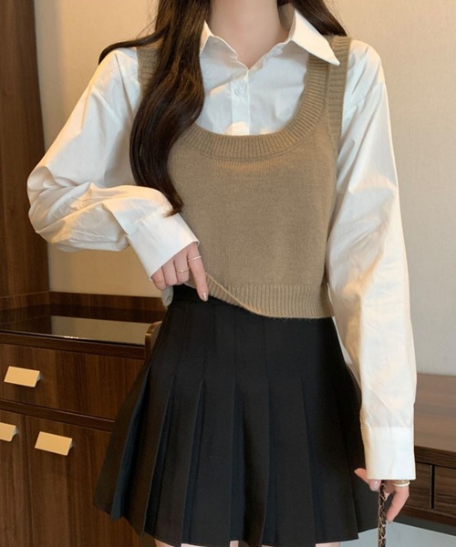 Sibra(シブラ)の「レイヤード仕立てニットベストブラウス(Tシャツ/カットソー・レディース・ベージュ/ブラック/グレー・M)」の21枚目の写真