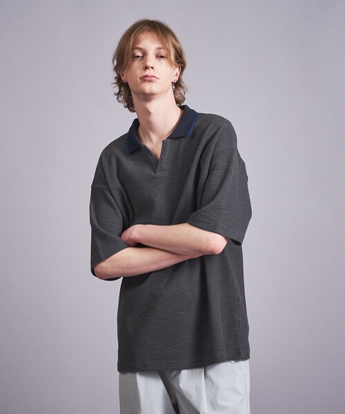 MONKEY TIME（モンキータイム）の「ラッセル ライン スキッパー ポロシャツ（ポロシャツ・メンズ・ブラック/ダークグレー・S/M/L/XL）」の6枚目の写真