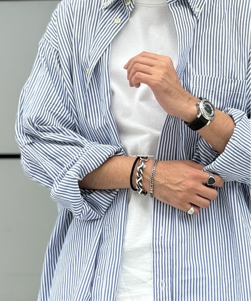 Jih Nunc シャツ ms5762- ストレッチオーバーサイズストライプ