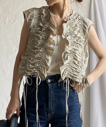 She's Closet | ショート丈クロップドドロストシャーリングギャザーリボンビスチェベスト(ベスト)