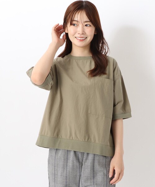 one'sterrace(ワンズテラス)の「リブコンビ 5分袖ブラウス(シャツ/ブラウス・レディース・カーキ系5/グレー系その他7・02)」の1枚目の写真