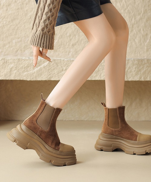 セール】ラウンドトゥ 異素材 切り替え 厚底 ショート ブーツ（ブーツ